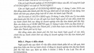 NGHỊ QUYẾT 12/2026/NQ-HĐND NGÀY 02 THÁNG 06 NĂM 2026 CỦA HỘI ĐỒNG NHÂN DÂN THÀNH PHỐ HÀ NỘI VỀ VIỆC CẮT GIẢM THỦ TỤC HÀNH CHÍNH LĨNH VỰC ĐĂNG KÝ DOANH NGHIỆP TRÊN ĐỊA BÀN THÀNH PHỐ HÀ NỘI