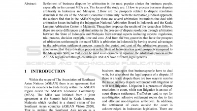 ARBITRATION OF BUSINESS DISPUTES WITHIN THE ASIAN ECONOMIC COMMUNITY: CONTEXT INDONESIA AND MALAYSIA