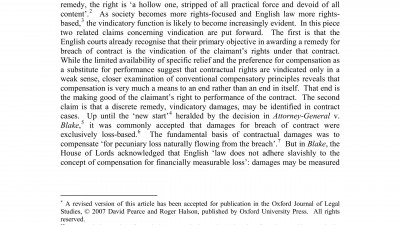 DAMAGES FOR BREACH OF CONTRACT: COMPENSATION, RESTITUTION, AND VINDICATION BY DAVID PEARCE AND ROGER HALSON