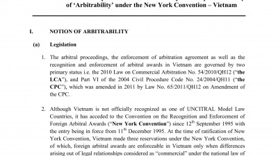 COUNTRIES REPORT ON 2016 RESEARCH PROJECT: COMPARATIVE STUDY OF ‘ARBITRABILITY’ UNDER THE NEW YORK CONVENTION – VIETNAM
