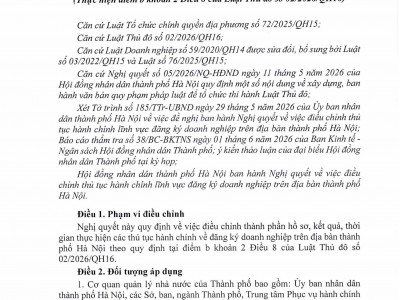 NGHỊ QUYẾT 12/2026/NQ-HĐND NGÀY 02 THÁNG 06 NĂM 2026 CỦA HỘI ĐỒNG NHÂN DÂN THÀNH PHỐ HÀ NỘI VỀ VIỆC CẮT GIẢM THỦ TỤC HÀNH CHÍNH LĨNH VỰC ĐĂNG KÝ DOANH NGHIỆP TRÊN ĐỊA BÀN THÀNH PHỐ HÀ NỘI