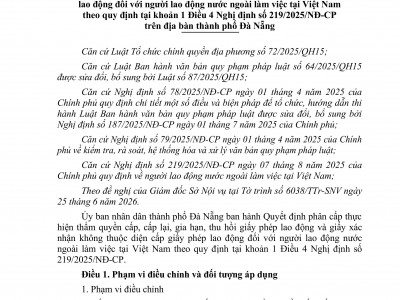 QUYẾT ĐỊNH 98/2026/QĐ-UBND CỦA UBND TP. ĐÀ NẴNG VỀ VIỆC PHÂN CẤP THỰC HIỆN THẨM QUYỀN CẤP, CẤP LẠI, GIA HẠN, THU HỒI GIẤY PHÉP LAO ĐỘNG VÀ GIẤY XÁC NHẬN KHÔNG THUỘC DIỆN CẤP GIẤY PHÉP LAO ĐỘNG ĐỐI VỚI NGƯỜI LAO ĐỘNG NƯỚC NGOÀI