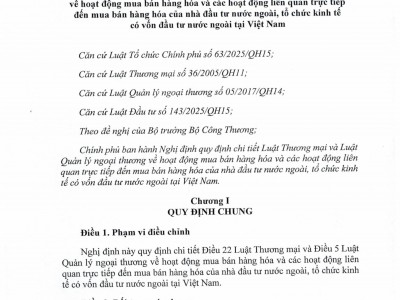 NGHỊ ĐỊNH 342/2026/NĐ-CP QUY ĐỊNH CHI TIẾT LUẬT THƯƠNG MẠI VÀ LUẬT QUẢN LÝ NGOẠI THƯƠNG VỀ HOẠT ĐỘNG MUA BÁN HÀNG HOÁ VÀ HOẠT ĐỘNG LIÊN QUAN TRỰC TIẾP ĐẾN MUA BÁN HÀNG HOÁ CỦA NHÀ ĐẦU TƯ NƯỚC NGOÀI, TỔ CHỨC KINH TẾ CÓ VỐN ĐẦU TƯ NƯỚC NGOÀI TẠI VIỆT NAM