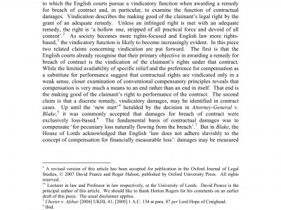 DAMAGES FOR BREACH OF CONTRACT: COMPENSATION, RESTITUTION, AND VINDICATION BY DAVID PEARCE AND ROGER HALSON