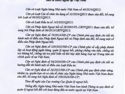 THÔNG TƯ 38/2026/TT-NHNN QUY ĐỊNH VỀ QUẢN LÝ NGOẠI HỐI ĐỐI VỚI HOẠT ĐỘNG ĐẦU TƯ NƯỚC NGOÀI TẠI VIỆT NAM