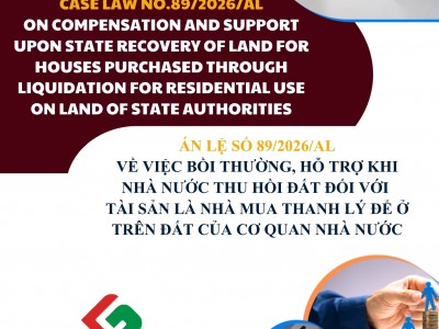 ÁN LỆ SỐ 89/2026/AL VỀ VIỆC BỒI THƯỜNG, HỖ TRỢ KHI NHÀ NƯỚC THU HỒI ĐẤT ĐỐI VỚI TÀI SẢN LÀ NHÀ MUA THANH LÝ ĐỂ Ở TRÊN ĐẤT CỦA CƠ QUAN NHÀ NƯỚC / CASE LAW NO. 89/2026/AL ON COMPENSATION AND SUPPORT UPON STATE RECOVERY OF LAND FOR HOUSES PURCHASED THROUGH L