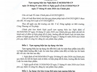 NGHỊ QUYẾT 15/2026/NQ-CP VỀ VIỆC TẠM NGƯNG HIỆU LỰC NGHỊ ĐỊNH SỐ 46/2026/NĐ-CP NGÀY 26/01/2026 VÀ NGHỊ QUYẾT SỐ 66.13/2026/NQ-CP NGÀY 27/01/2026 CỦA CHÍNH PHỦ