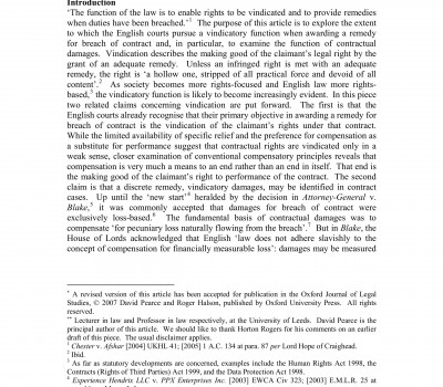 DAMAGES FOR BREACH OF CONTRACT: COMPENSATION, RESTITUTION, AND VINDICATION BY DAVID PEARCE AND ROGER HALSON