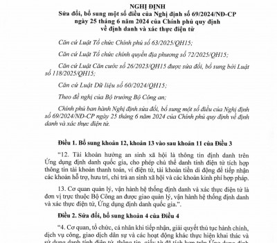 NGHỊ ĐỊNH SỐ 320/2026/NĐ-CP SỬA ĐỔI, BỔ SUNG MỘT SỐ ĐIỀU CỦA NGHỊ ĐỊNH 69/2024/NĐ-CP NGÀY 25 THÁNG 6 NĂM 2024 CỦA CHÍNH PHỦ QUY ĐỊNH VỀ ĐỊNH DANH VÀ XÁC THỰC ĐIỆN TỬ