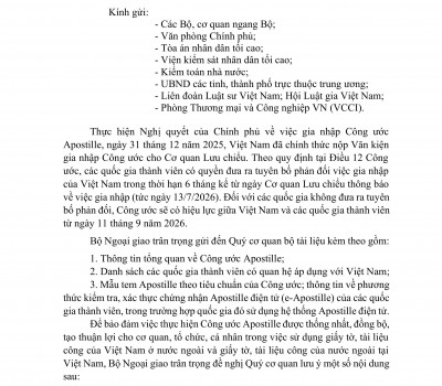 CÔNG VĂN 7751/BNG-LS CỦA BỘ NGOẠI GIAO NGÀY 03 THÁNG 09 NĂM 2026 VỀ VIỆC TRIỂN KHAI THỰC HIỆN CÔNG ƯỚC APOSTILLE