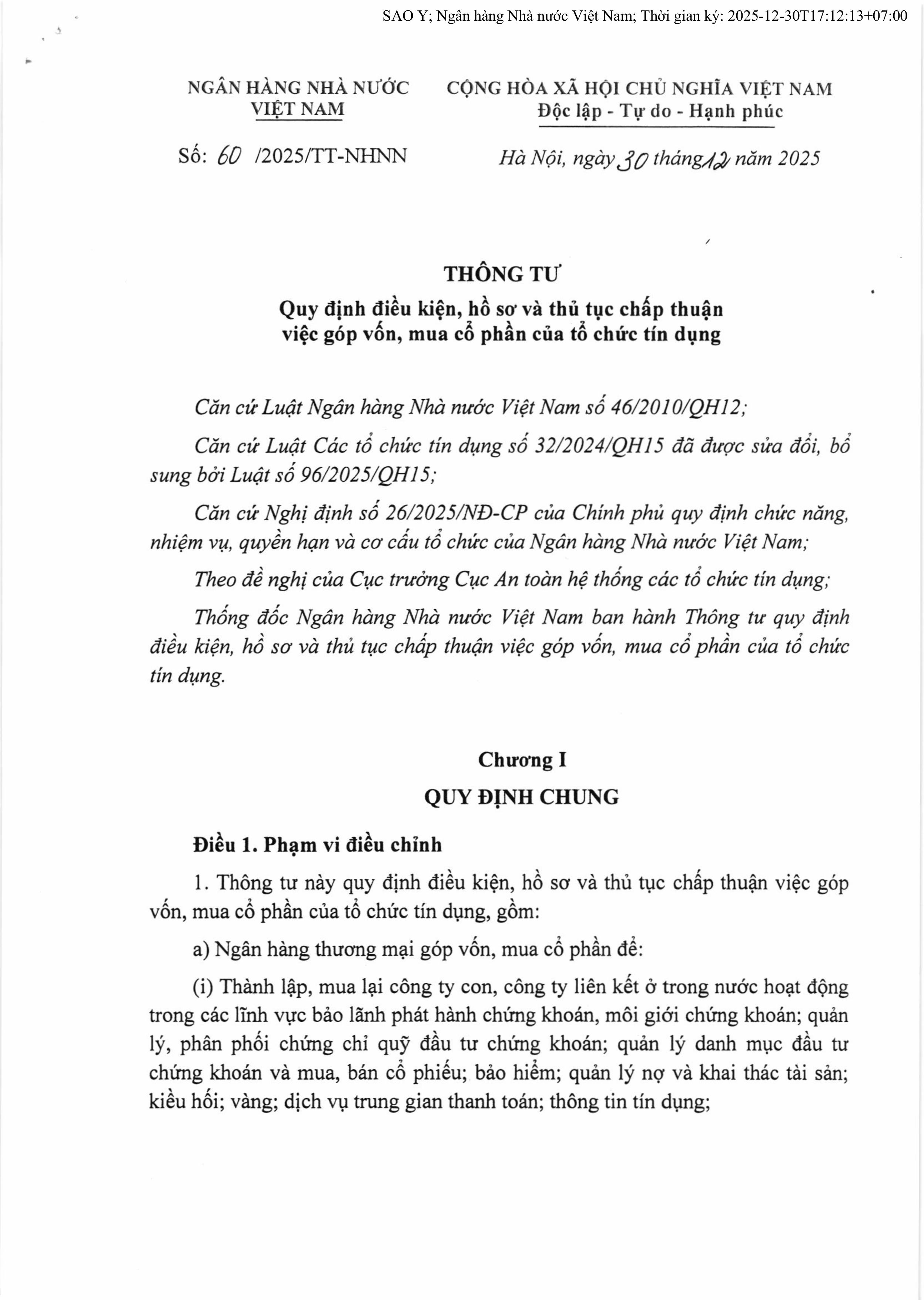 THÔNG TƯ SỐ 60/2025/TT-NHNN QUY ĐỊNH ĐIỀU KIỆN, HỒ SƠ VÀ THỦ TỤC CHẤP THUẬN VIỆC GÓP VỐN, MUA CỔ PHẦN CỦA TỔ CHỨC TÍN DỤNG CÓ HIỆU LỰC TỪ NGÀY 13/02/2026