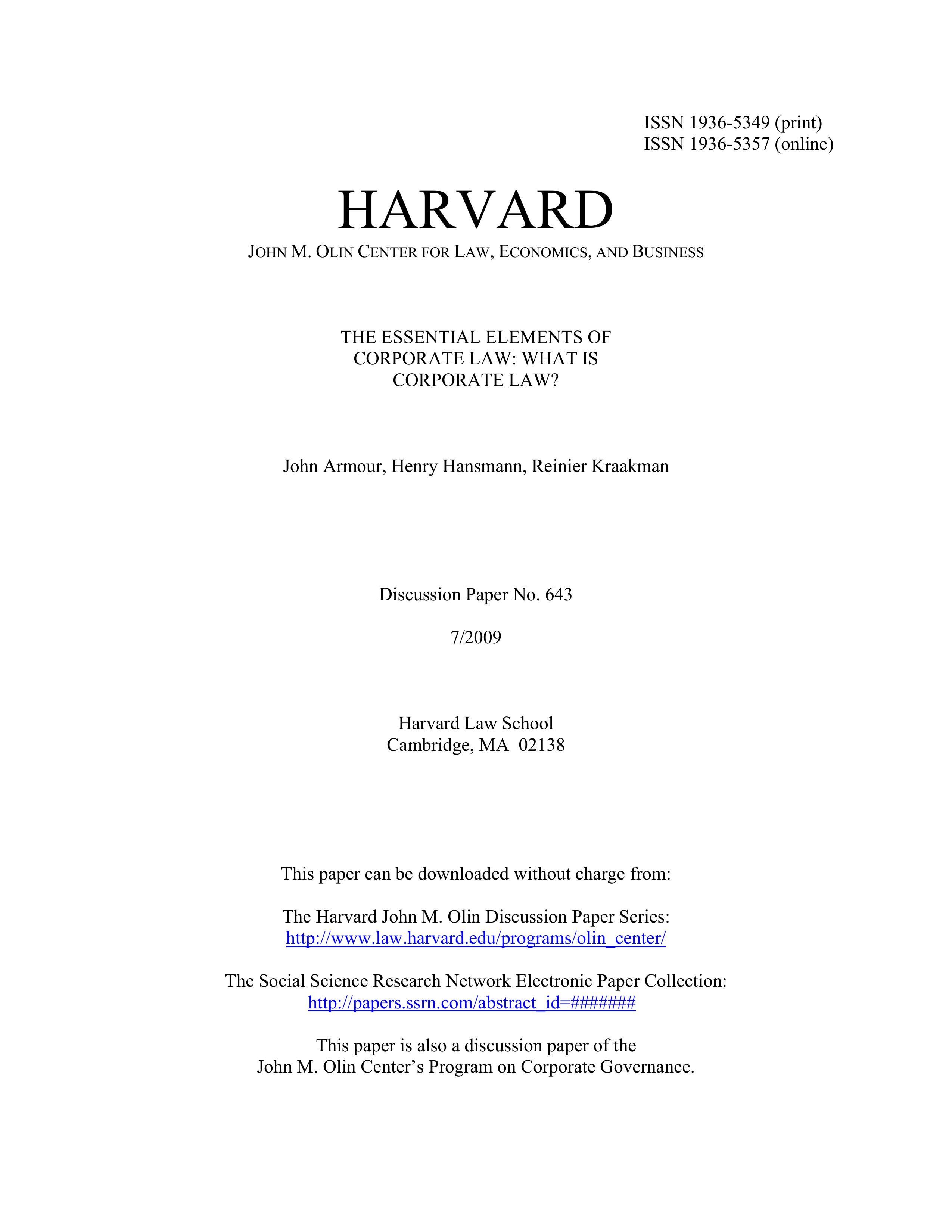 THE ESSENTIAL ELEMENTS OF CORPORATE LAW: WHAT IS CORPORATE LAW BY JOHN ARMOUR, HENRY HANSMANN, REINIER KRAAKMAN