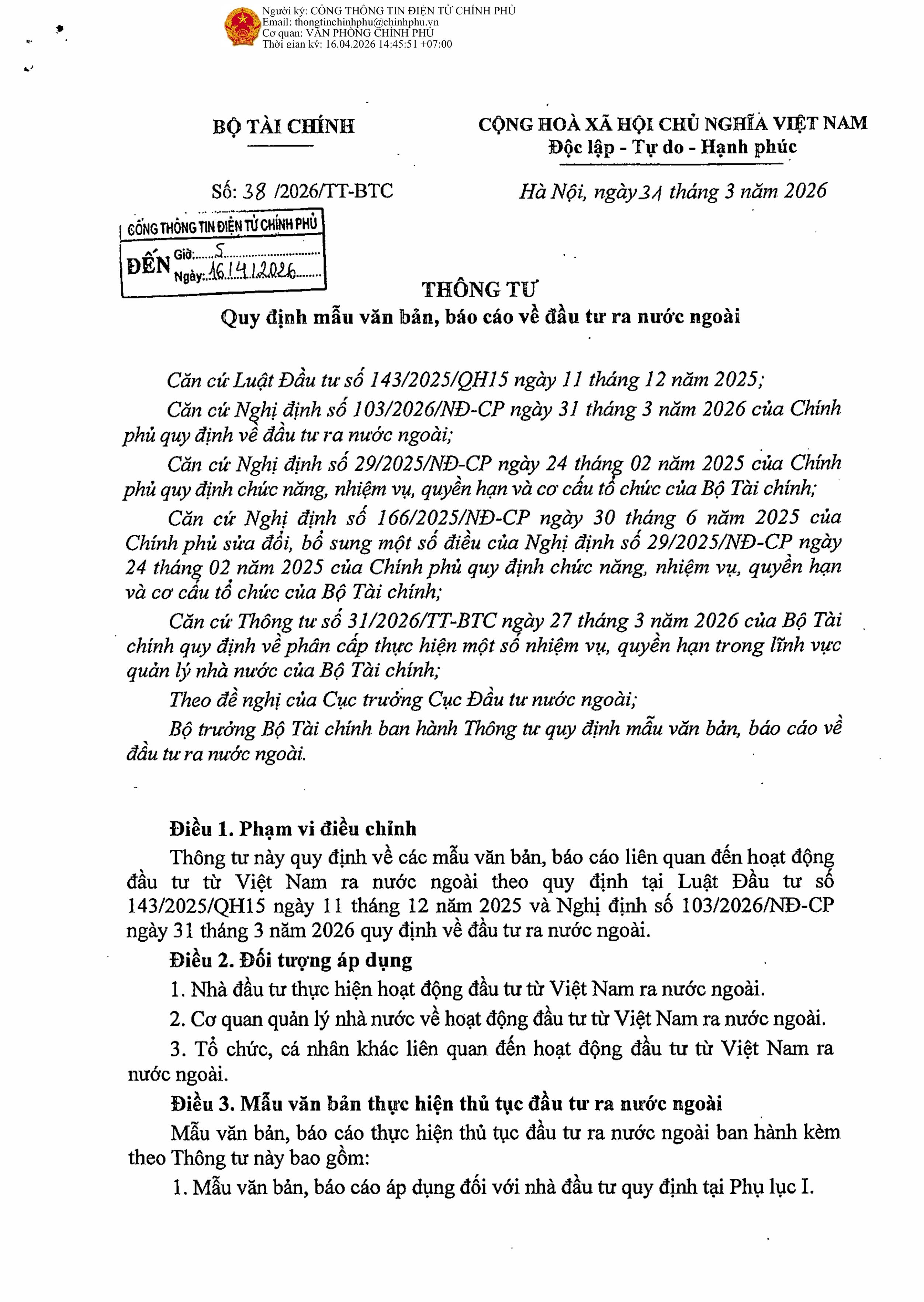 THÔNG TƯ SỐ 38/2026/TT-BTC CỦA BỘ TÀI CHÍNH: QUY ĐỊNH MẪU VĂN BẢN, BÁO CÁO VỀ ĐẦU TƯ RA NƯỚC NGOÀI CÓ HIỆU LỰC TỪ NGÀY 15/04/2026